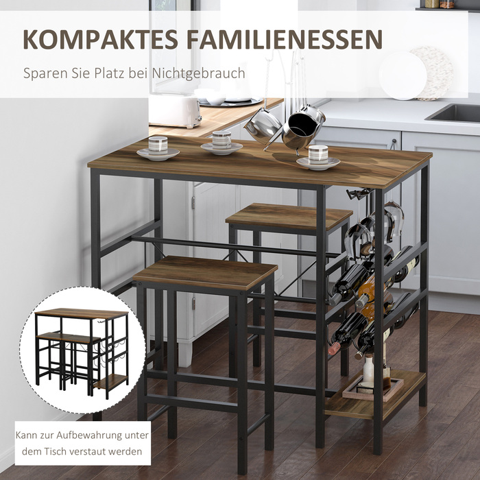 HOMCOM Bar Table Set with 2 Bar Stools, 3-Piece Kitchen Counter Table Set with Small Footprint, Steel, 108x60x95 cm in Natural and Black