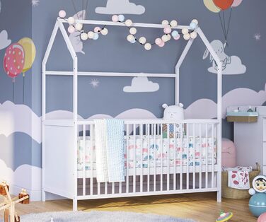 Bellabino Nika Babybett in House Style 70 x 140 cm, crib and house bed for children and babies made of solid pine wood in white, 3-fold height adjustable including slatted frame