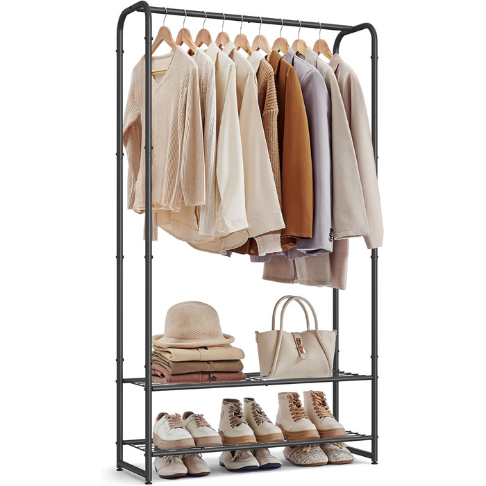 SONGMICS Clothes Rack, Open Wardrobe, Clothes Rail, Coat Rack with Shelves, Metal Clothes Rack, Freestanding, Matte Black LGR462B01 (73B cm)