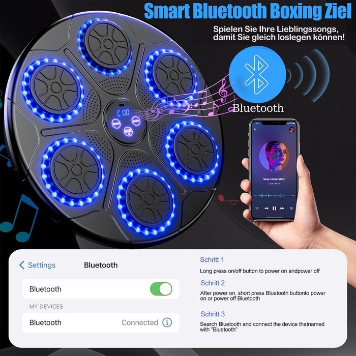 Music Boxing Machine - Home Fitness & Punching Bag with Music & Bluetooth | Includes Boxing Gloves | Ideal for Reflex Training, Kickboxing & Family Activities | Wall Mountable Black