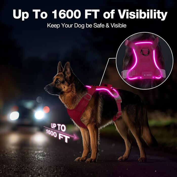 Світловідбиваючий нашийник для собак великих порід з LED-підсвічуванням, акумуляторний, регульований, 3 режими освітлення, висока видимість (Рожевий, Large)