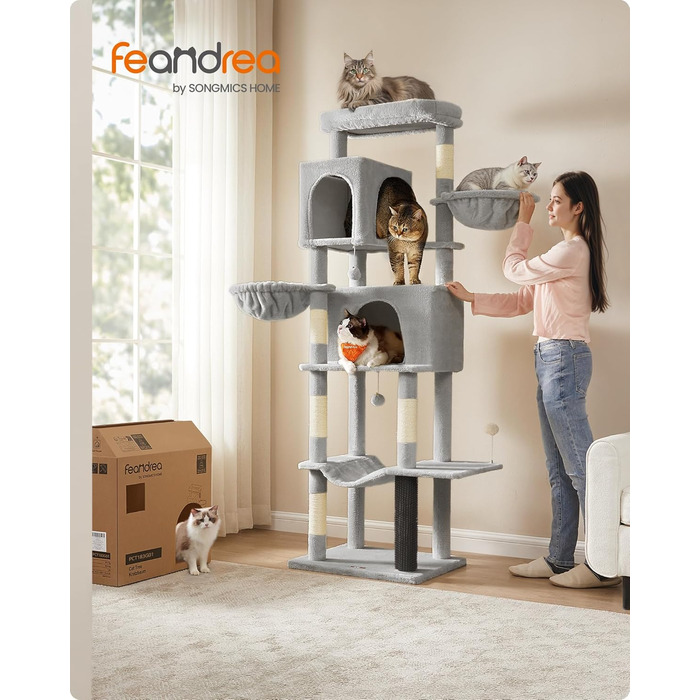 Дім для кота Feandrea, 175 см, XL, багатоярусний з 2 печерами, 2 лежаками, 5 стовпчиками для дряпання, щіткою для котів, великою платформою, PCT182G01 (XXL, таунграу)