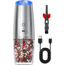 Електрична млинка для перцю та солі FORLIM, 6oz, USB зарядка, з LED підсвічуванням, регульований помел, автоматична робота, нержавіюча сталь, 1 шт, срібляста
