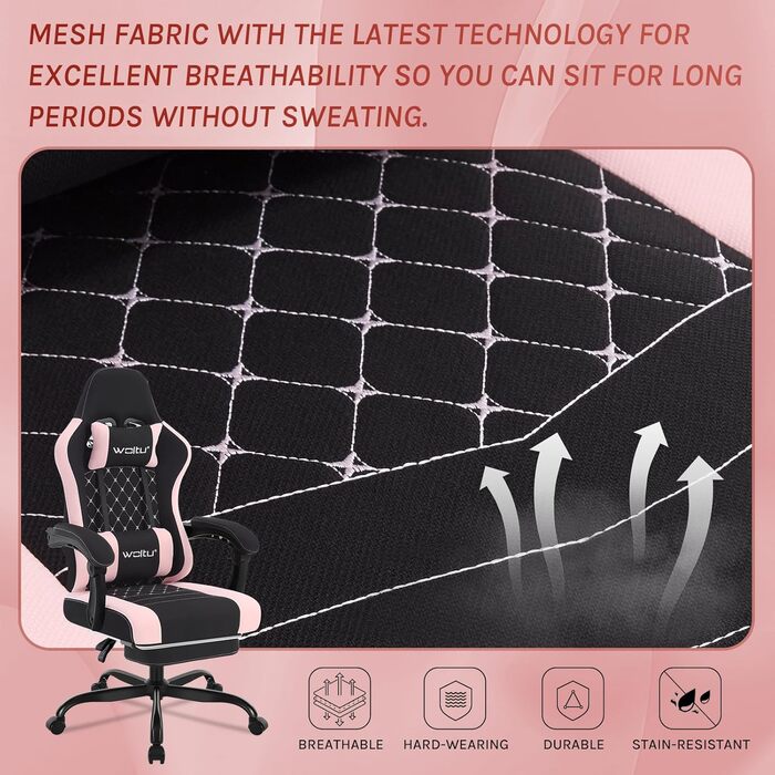 WOLTU Gaming Chair with Massage Function, Computer Chair with Pocket Spring Cushion, Ergonomic Gamer Recliner, Swivel Chair with Headrest, Lumbar Pillow, Footrest, Mesh Fabric, Black+Pink, GS15swr Black+pink Mesh Fabric