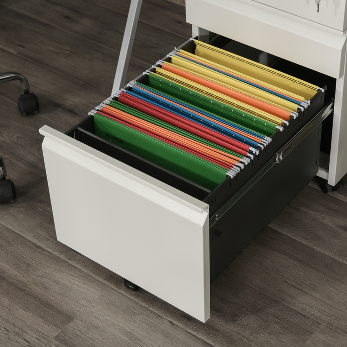 Vinsetto Rolling Storage Cabinet with 3 Drawers and Wheels, Compact Steel with Concave Handle, White 39x48x60cm