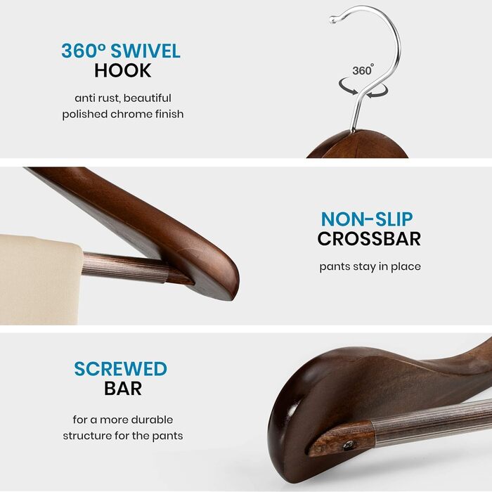 Дерев'яні вішалки для одягу – набір 6 шт. – міцні вішалки з широкими плечима, 6,3 см вигин для піджаків та костюмів, вішалки для штанів з висувним перекладином