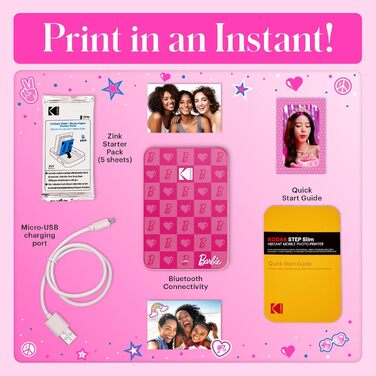Фотодрук Kodak Barbie x Step Slim Wireless: миттєвий друк, Bluetooth, 2x3” наклейки, iOS/Android