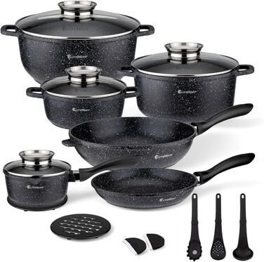 Набір каструль та сковорідок EliteHoff Induktion, 17 предметів, з антипригарним покриттям, для всіх типів плит, з кришками, з алюмінію, безпечний (PFOA-free), чорний (E-7030)