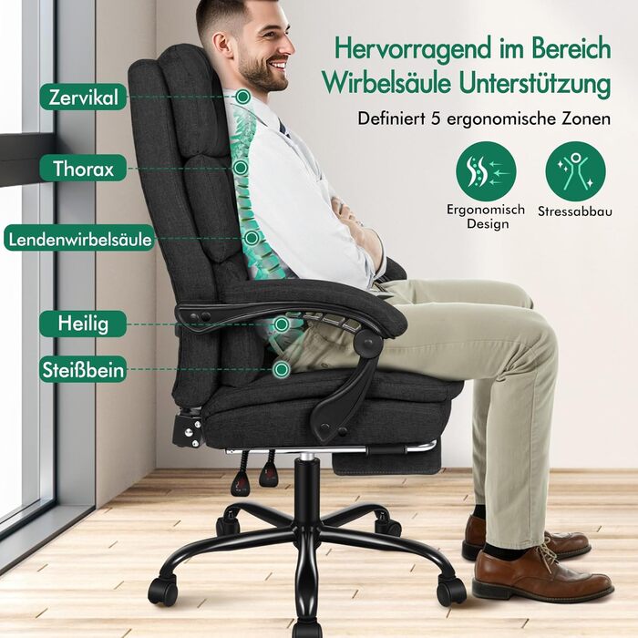 Офісне крісло ALFORDSON з регулюванням нахилу 150°, обертання 360° та підставкою для ніг. PU-шкіра, глянцево-чорний колір (Palmer - Льняний Чорний)