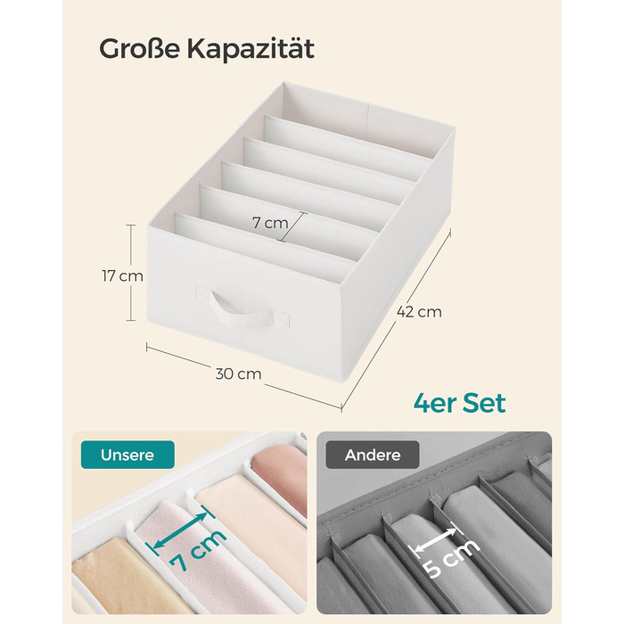 SONGMICS Closet Organizer 6-Piece Set, Storage Box with 6 Compartments, Drawer Organization System, Foldable Storage Boxes, 42 x 30 x 17 cm, for Pants, Clothes, RUS009G03 (Cloud White)