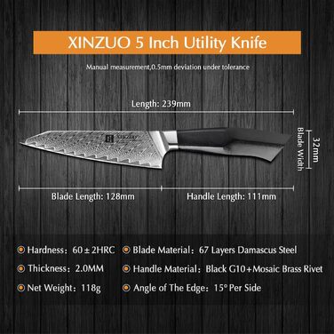 Ніж кухарський XINZUO Damaststahl Kiritsuke 21.5 см, професійний, з ручкою G10 та магнітною піхвою, серія Feng