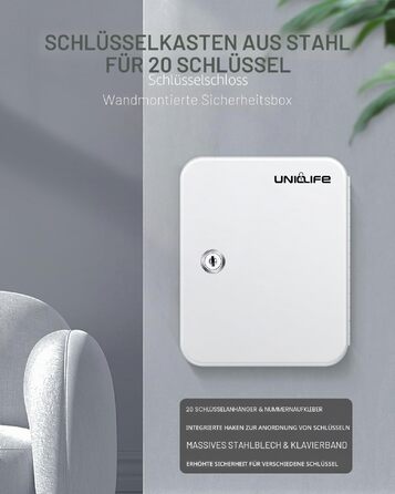 Настінна шафа для ключів Uniclife на 20 позицій зі сталі, замок безпеки, органайзер з кольоровими бирками та наклейками (Білий)