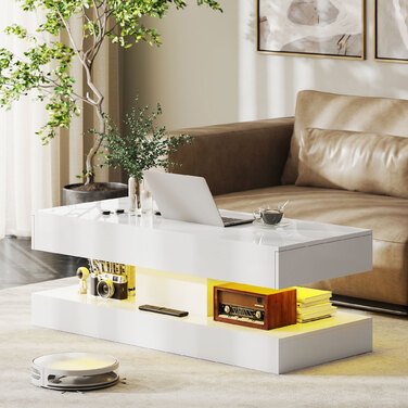 HOMCOM Living Room Coffee Table with Drawers and LED Lights, Modern Sofa Table with Open Storage, Coffee Table, Particleboard, White