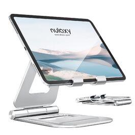 Алюмінієва подвійна складана підставка Nulaxy для iPad, планшетів та iPhone, регульований настільний тримач для Kindle, Pro/Air/Mini, чорний (B-Sрібло)