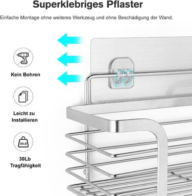 Поличка для душу Carehabi без свердління, 2 шт. Органайзер для ванної кімнати, полиця для душу з нержавіючої сталі з 4 гачками для шампуню та гелю для душу