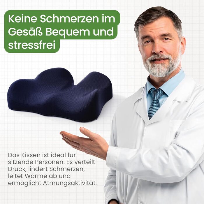 Подушка для сидіння з Memory Foam для куприкового болю, ергономічна подушка Coccyx для офісу, дому, авто та інвалідного візка. Нековзна основа, блакитна.