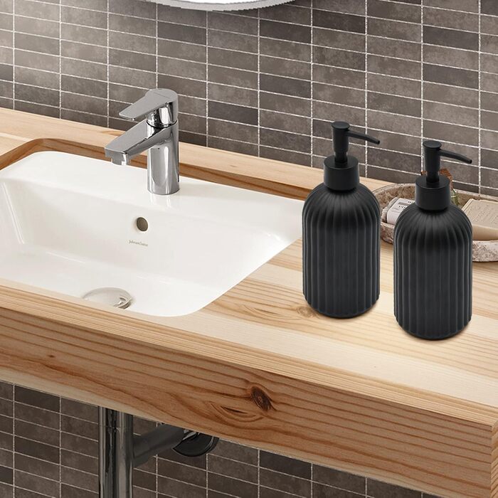 Набір з 2 скляних дозаторів для мила з помпою, 400 мл, для мила, шампуню, лосьйону, багаторазові, для кухні, ванної, пральні (чорний)