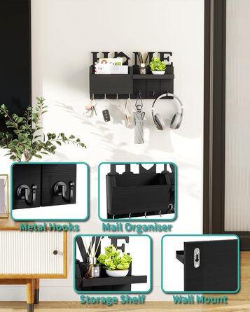 Держатель для ключів HapiRm з декором HOME, дерев'яне ключникове дошка з 7 гачками, з полицею. Підходить для входу, дверей, коридору, спальні, офісу (чорний)