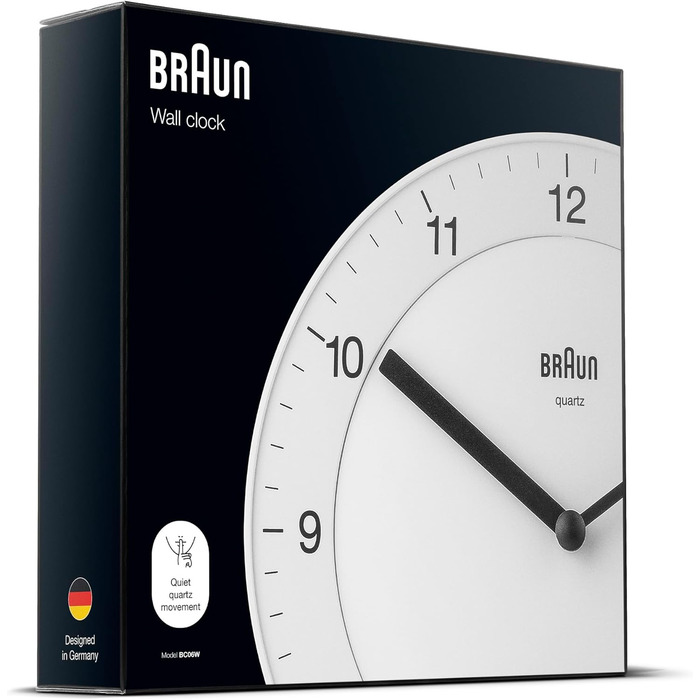 Braun Classic analog wall clock with a quiet quartz movement, easy-to-read dial with a 20 cm diameter in white, model BC06W.