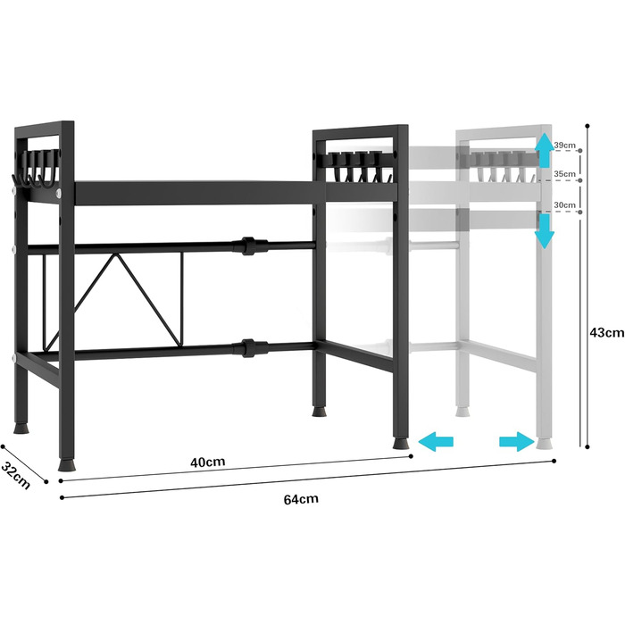 Регульована полиця для мікрохвильової печі, 2-рівнева, розширювана, металева, з 8 гачками, чорна