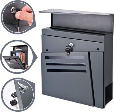 Поштовий ящик Verda з газетницею, нержавіюча сталь, антрацит, 37x37x11 см - сучасний вуличний поштовий ящик з ключем та оглядовим вікном