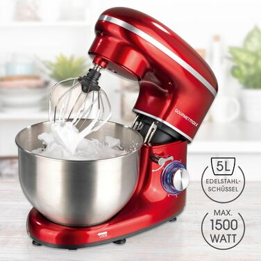 Gourmetmaxx Kitchen Machine with Kneading and Whisking Function | Powerful kitchen machine with a large 5-liter stainless steel bowl and direct drive | Includes whisk attachment, dough hook & beaters [1,500 watts] Metallic Red