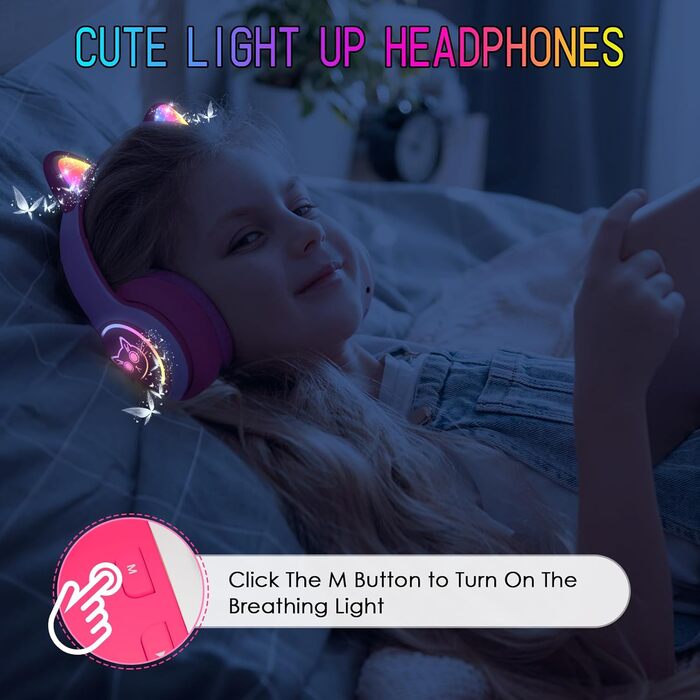 Дитячі бездротові навушники IFecco з мікрофоном, Bluetooth, LED, котячі вушка (рожевий)