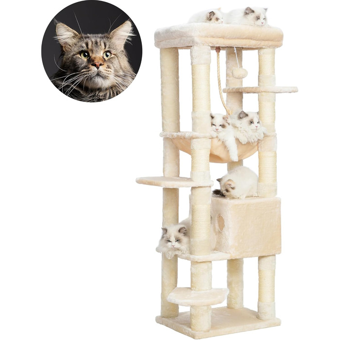 Драбина для котів Heybly Kratzbaum з лежаком, печерею та великими платформами, 50 x 50 x 153 см, бежева HCT050M