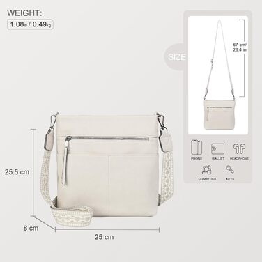 Сумка жіноча Gladdon шкіряна крос-боді середнього розміру з широким ременем, сумка на плече з жакардовою тканиною (бежева)