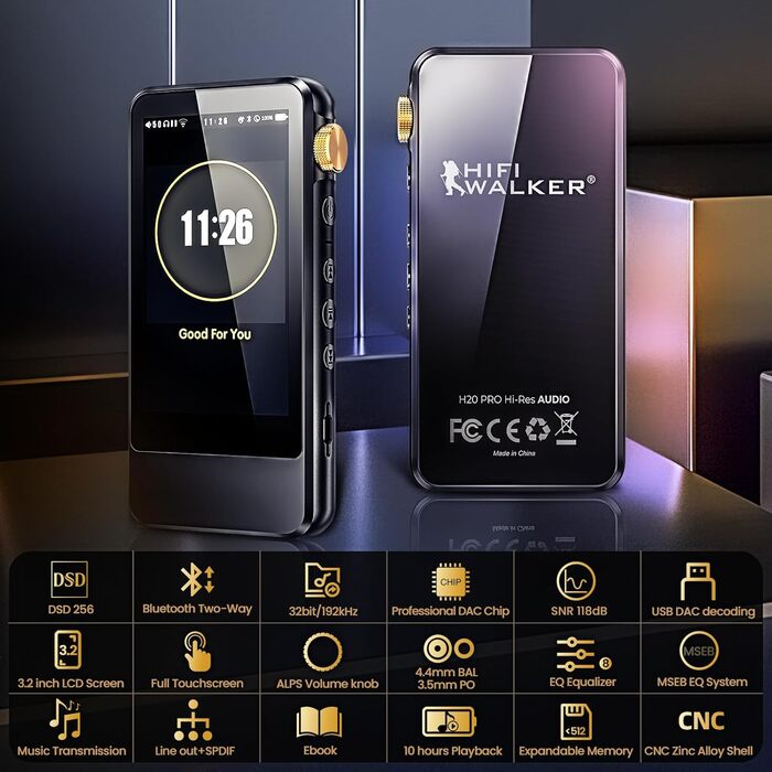 HIFI WALKER H20 Pro: Аудіо-плеєр Hi-Res з Bluetooth 5.1, DAC DSD256, 64GB