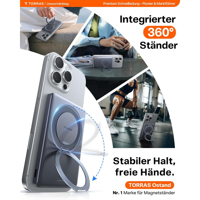 Power Bank TORRAS MiniMag Ultra Slim з MagSafe, 360° підставка, 18W, 5000mAh, магнітне кріплення, сірий титан. Сумісний з iPhone 17 Pro Max/Air/16/15/14/13/12