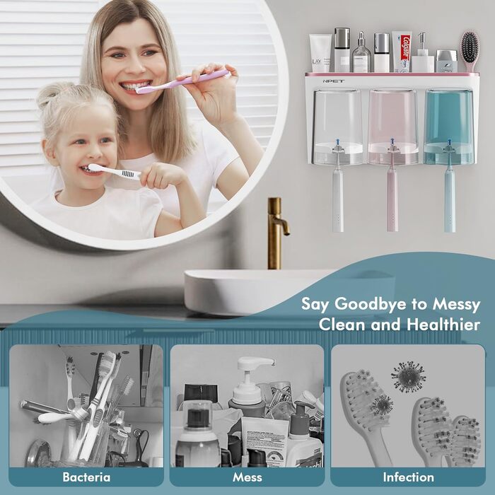 NPET Bathroom Toothbrush Holder, 3 Cups, Toothbrush Holder Set, Wall Mount, Ideal Bathroom Accessories Organization (3 Cups, Rose Gold)