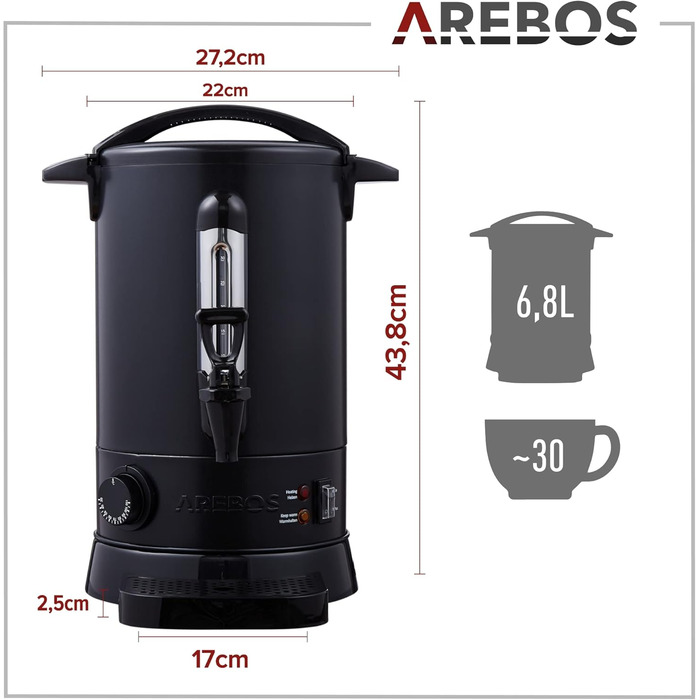 Arebos Glühwein Cooker 950 W | Hot Beverage Dispenser | 6.8 L | with Drip Tray, Tap, Thermostat, and Overheat Protection | Temperature Setting from 30-110 °C | Black