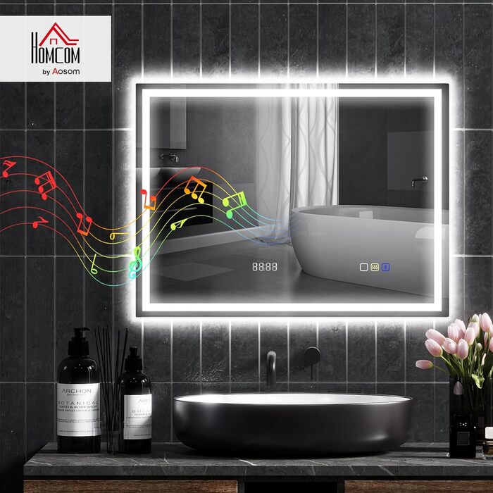 Дзеркало для ванної кімнати HOMCOM з підсвічуванням 100x80 см LED, Bluetooth, годинник, 3 кольори світла, проти запотівання, сенсорне керування, срібло