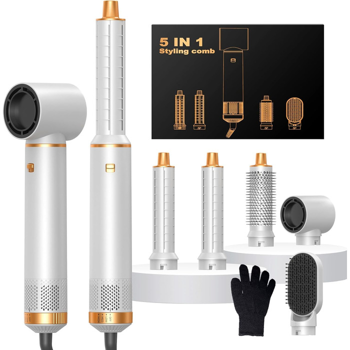 OKWRAP Hairstyler 5 в 1: Набір для укладки волосся, фен з іонами, автоматична плойка, термощітка, випрямляч. Ідеально для випрямлення, сушіння, створення об'єму та локонів. Білий, золотий.