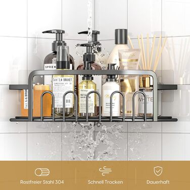 ACMETOP Shower Shelf No Drilling 2-Pack, SUS304 Stainless Steel Bathroom Organizer Corner Shelf, Bathroom Shelf with 10 Hooks and 6 Adhesives, Shower Shelf, Shower Basket for Bathroom Kitchen (Black)