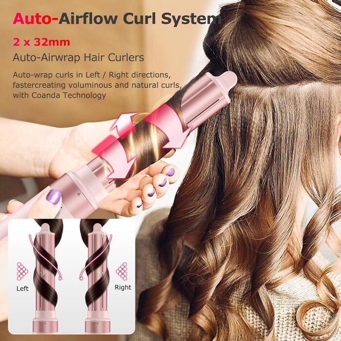 MESCOMB Airstyler 5-в-1: Іонний фен та мультистайлер для волосся з насадками. Швидке сушіння, локони, об'єм, випрямлення. Без пошкодження волосся. З дорожньою сумкою. Рожевий колір