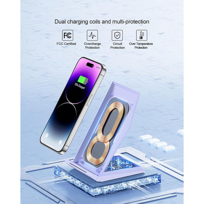 Бездротовий зарядний пристрій NANAMI Qi з адаптером USB-C 20W PD для iPhone 17/16/15/14/13/12 Pro Max XR 8 та Samsung Galaxy S25/S24/S23/S22 (фіолетовий)