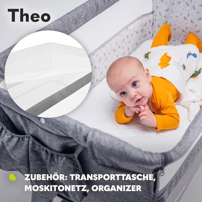Lionelo Theo 2in1 Baby Cot, Travel Cot for Baby, Bedside Cot for Baby from Birth up to 9 kg, Height Adjustment, Tilt Adjustment, Folding Side Rail, Mattress, Mosquito Net (Dove Grey) Dove Grey 1 Piece (1 Pack)