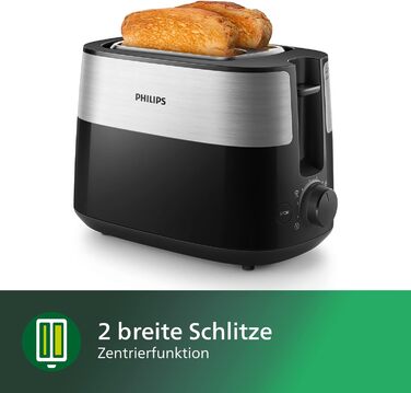 Philips Toaster – 2 Toast Slots, 8 Levels, Bun Tray, Defrost Function, Automatic Shut-off, Black/Silver (HD2516/90) Single