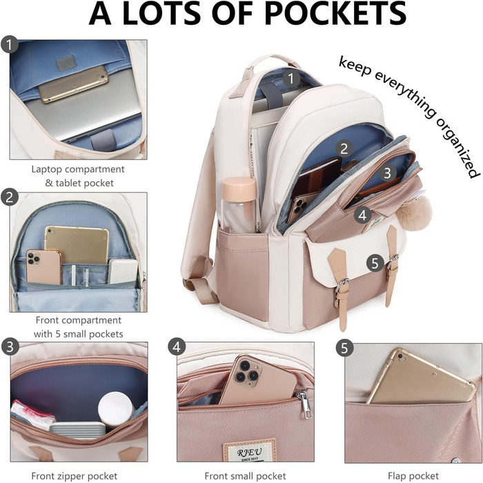 Шкільний рюкзак для дівчаток з відділенням для ноутбука 15.6 дюймів, бежевий, для старшої школи та коледжу