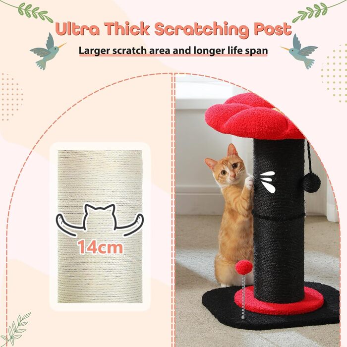Flower Cat Tree - Small Cat Tree for Indoor Cats with Super Thick Scratching Post [Dia=14cm], Detachable Flower Cat Bed, Feather Ball - (Black)