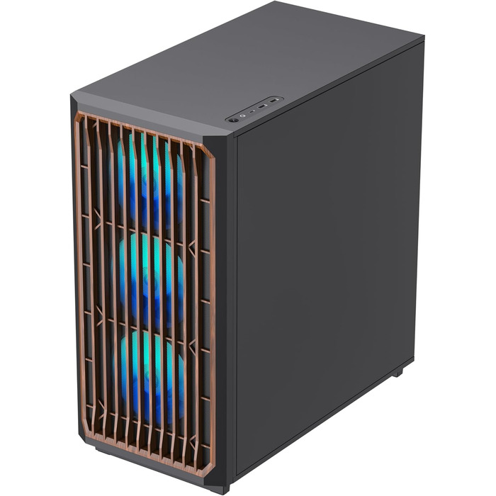 Корпус ПК GAMEMAX F45 Mid-Tower чорного кольору з дерев'яним декором, 4x ARGB PWM вентилятори, сумісний з BTF материнськими платами, скляна бічна панель, для геймінгу