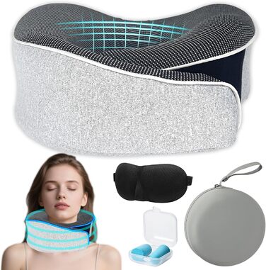 Подушка для шиї в літак, 360°, подушка для подорожей з піною з пам'яті, подушка-вушка для дорослих, комплект - ергономічна, з коробкою для зберігання, маска для сну та навушниками (сіра)