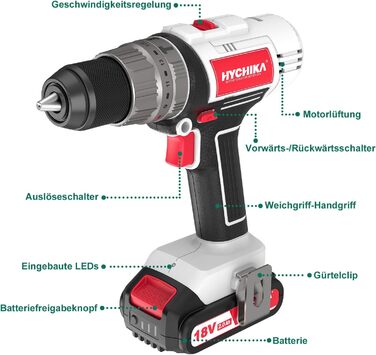 Акумуляторний шуруповерт HYCHIKA 18V, 45 Nm, 2.0 Ah, 21+3 ступені, 2 швидкості, з набором аксесуарів