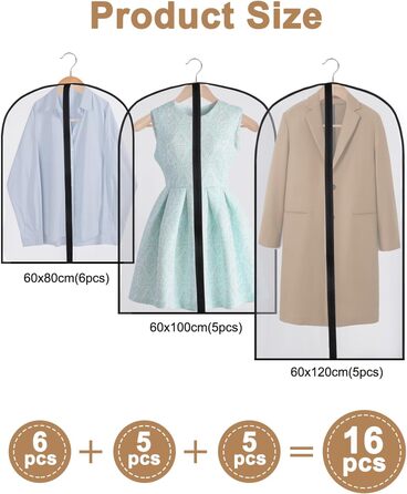 16 чорних мішків для одягу з блискавкою, 60 x 120/100/80 см. Захисні мішки для одягу, костюмів, пальто, суконь, сорочок. Організація та зберігання одягу.