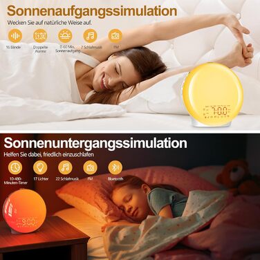 Bluetooth Alarm Clock, Daylight Alarm Clock, Wake-Up Light with Sunrise/Sunset Simulation, 17 Color Lights, 22 Sleep Sounds, Snooze, Two Alarms, FM Radio, for Heavy Sleepers & Kids