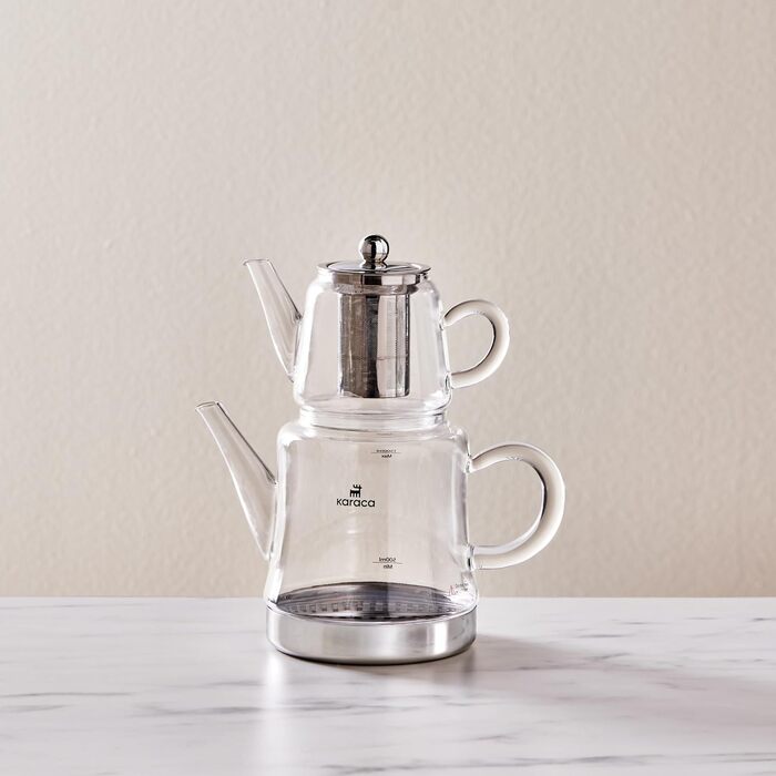 Karaca Dora Glass Teapot, 450 ml Teapot, 180 ml Kettle, suitable for gas and electric cooktops, Turkish teapot (çaydanlık), and teapot set, Teapot (not induction), Glass
