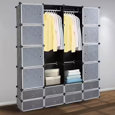 Regal System Shoe Rack Set of 20 Cubes, Plastic Closet with Doors, Plug-in Shelf, DIY Cube Shelf, Storage, Modular Combination Cabinet for Clothes, Shoes, and Books, Black (Black with 16 Cubes)