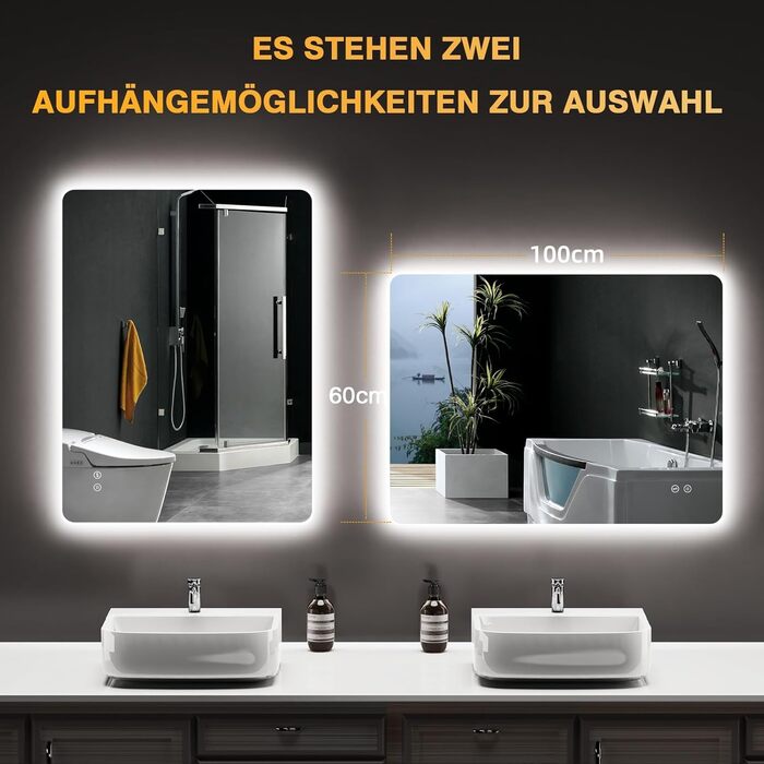 Дзеркало для ванної кімнати з підсвічуванням LED, 100x60 см, 3 кольори світла, диммування, пам'ять, сенсорне керування, IP44, вологостійке